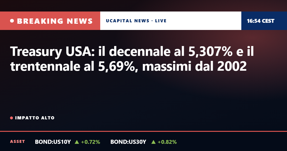 Treasury USA: il decennale al 5,307% e il trentennale al 5,69%, massimi dal 2002