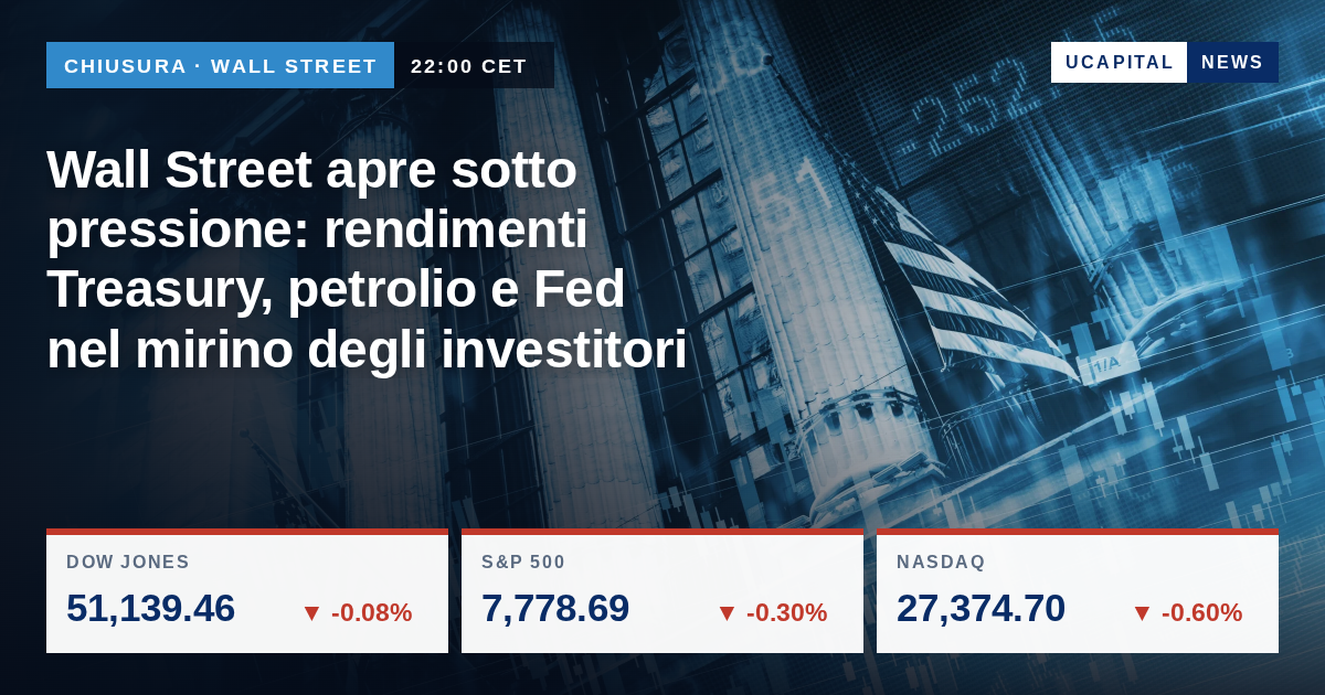 Wall Street apre sotto pressione: rendimenti Treasury, petrolio e Fed nel mirino degli investitori